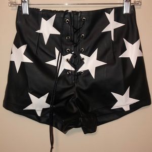 Black and White Star Fake Leather Lace Up Shorts
